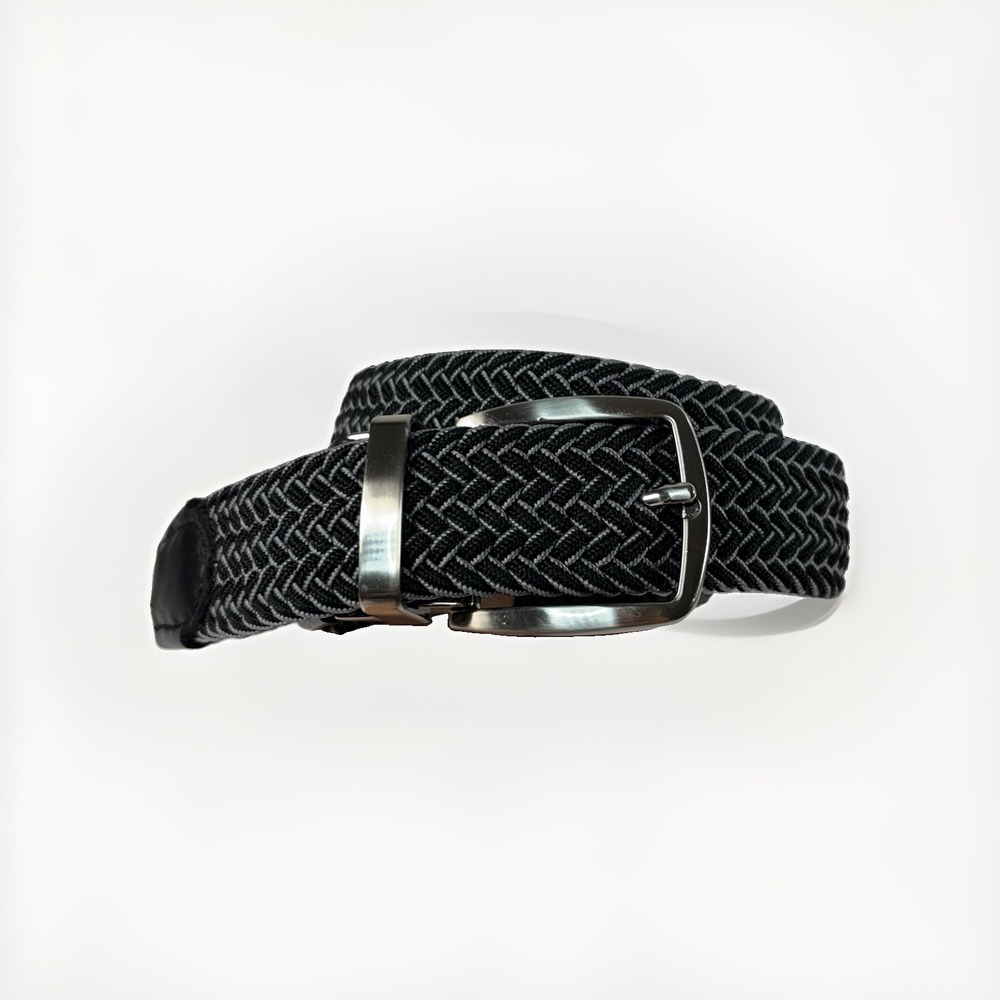 Tommy Men's Stretch Braided Reversible Leather Trim Belt Black Grey S-M